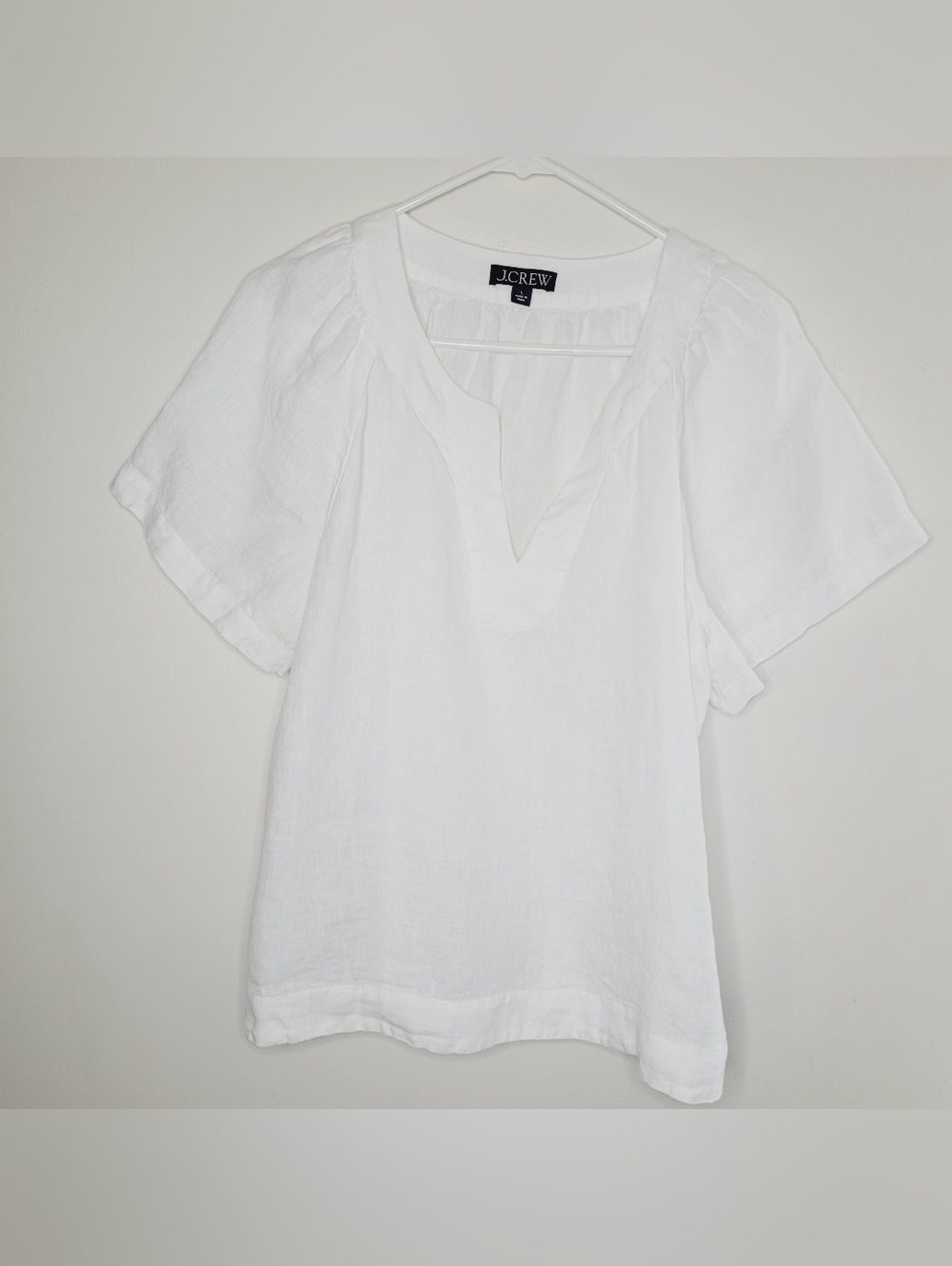 J. Crew Linen Blouse Popover Flutter Sleeve Large White Relaxed Beach Resort